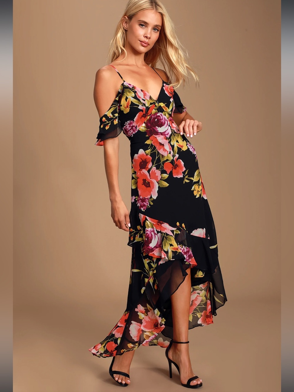 Love in Bloom Black Floral Print‎ Off-the-Shoulder High-low Ruffle Dress NWOT L